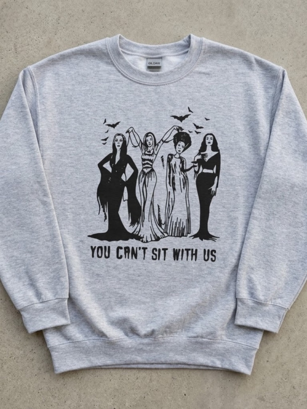 Gildan Light Gray Crewneck Sweatshirt with Black 'You Can't Sit With Us' Graphic